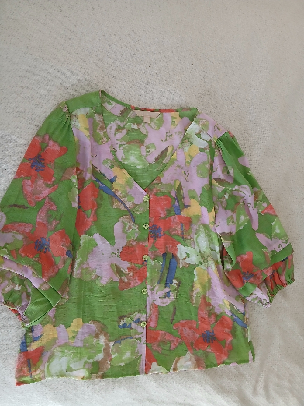 Green Floral Button-Front V-Neck Women's Blouse